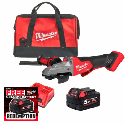 Milwaukee M18FSAGF125XPDB 18V Fuel 125mm Braking Angle Grinder Paddle Switch with 1x 5.0Ah Battery, Charger and Tool Bag